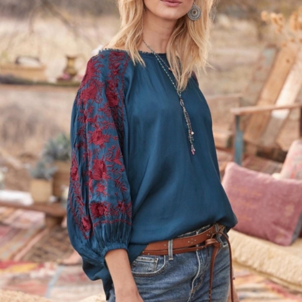 Sundance Blue Ruffled 3/4 Sleeve Blouse